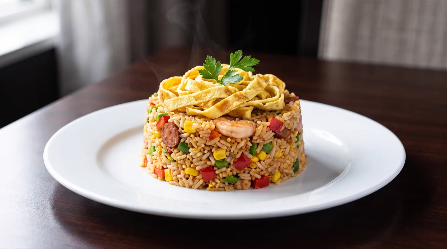 Riz cantonais aux crevettes, saucisson et omelette