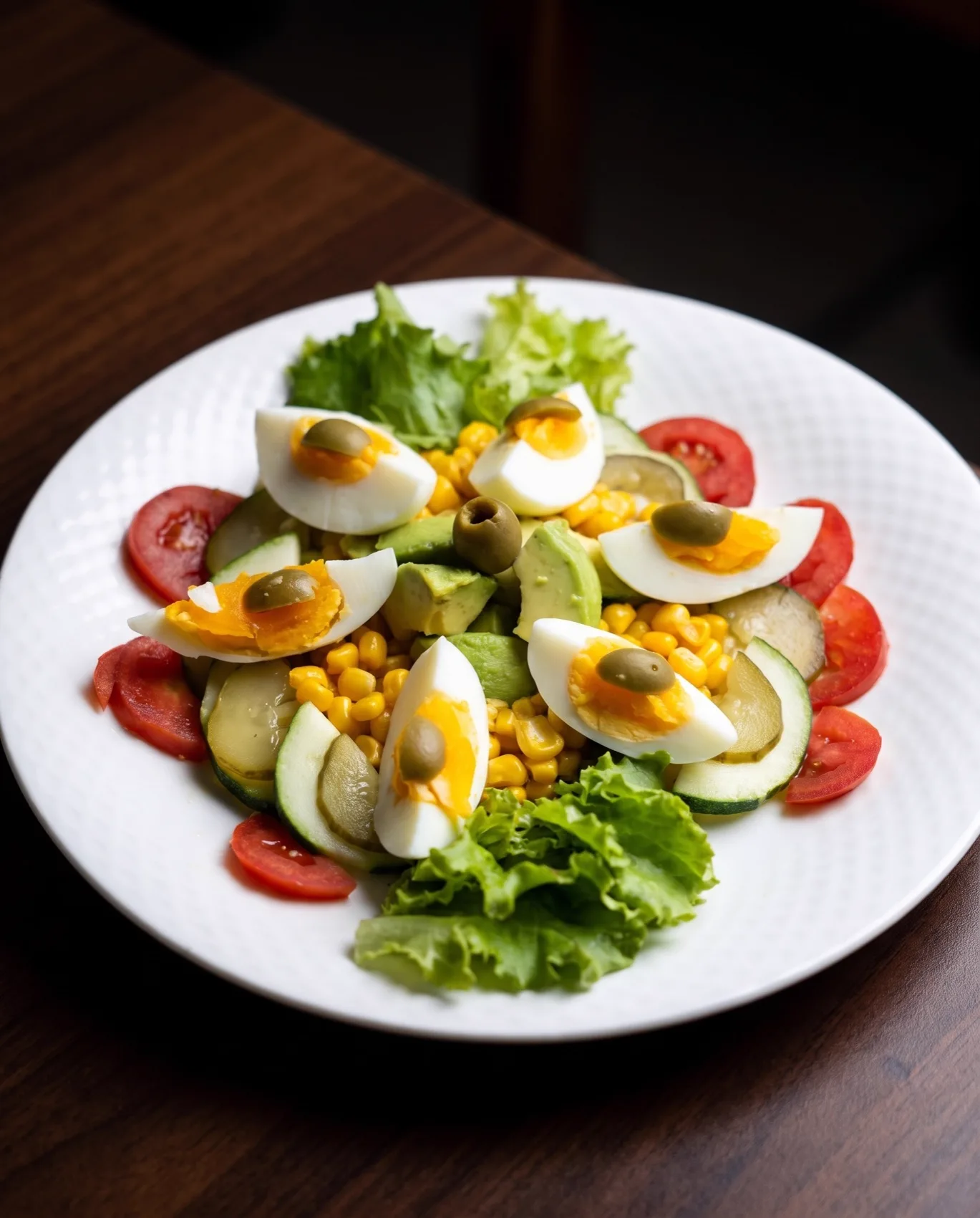 Salade avocat et oeuf, maïs courgette et tomate